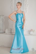 Aqua Blue Column Straps Beading and Ruch Bridesmaid Dress Floor-length Satin