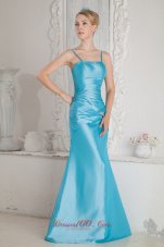 Aqua Blue Column Straps Beading and Ruch Bridesmaid Dress Floor-length Satin