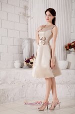 Modest Champagne Bateau Knee-length Prom / Homecoming Dress Satin Hand Made Flowers A-line