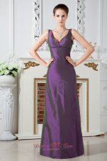 Purple Column V-neck Ruch Mother Of The Bride Dress Floor-length Taffeta
