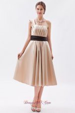 Champagne A-line / Princess One Shoulder Tea-length Satin Ruch Bridesmaid Dress