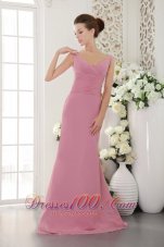 Baby Pink Column / Sheath V-neck Brush / Sweep Chiffon Ruch Bridesmaid Dress