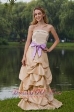 Champagne Column Strapless Brush Train Taffeta Sash Bridesmaid Dress