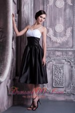 Formal White and Black A-line Spaghetti Straps Prom / Homecoming Dress Taffeta Ruch Tea-length