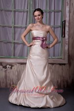 Elegant Champagne Bridesmaid Dress A-line / Princess Strapless Belt and Beading Satin Brush Train