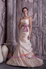 Modest Champagne Prom Dress A-line / Princess Strapless Belt and Beading Satin Brush Train