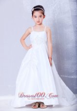 New Low Price White A-line Straps Appliques Flower Girl Dress Court Train Taffeta