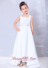 New Luxurious White A-line Square Beading Flower Girl Dress Brush Train Satin