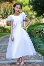 New White A-line Scoop Flower Girl Dress Ankle-length Taffeta and Organza Hand Made Flowers
