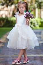 New White Ball Gown V-neck Tea-length TaffetaOrganza Hand Made Flowers Flower Girl Dress