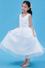 New White A-line V-neck Ankle-length Organza Appliques Flower Girl Dress
