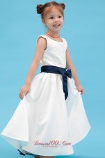 New White A-line Scoop Ankle-length Taffeta Embroidery Flower Girl Dress