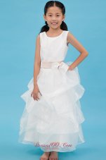 New White A-line Scoop Ankle-length Organza Sash Flower Girl Dress