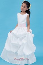 New White A-line Scoop Floor-length Taffeta Belt Flower Girl Dress