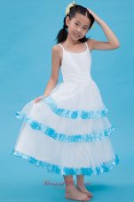 New White A-line Straps Ankle-length Organza Ruch Flower Girl Dress