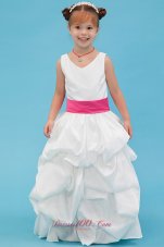 New White A-line V-neck Ankle-length Taffeta Belt Flower Girl Dress