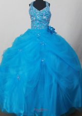 Blue Sweet Haltert Neckline Flower Girl Pageant Dress With Beaded and Flowers Decorate  Pageant Dresses