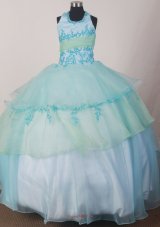 Appliques Decorate Apple Green and Light Blue Halter Flower Girl Pageant Dress