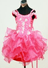 Spaghetti Straps Hot Pink Beaded Decorate Mini-length Organza Flower Girl Pagaent Dress