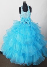 2013 Perfect Aqua Blue Little Girl Pageant Dresses With Beading Bowknot and Ruffled Layers