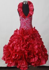 2013 Red Little Girl Pageant Dress With Hand Made Flowers and Beading