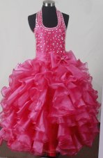 Beading Bowknot Ruffles Luxurious Ball Gown Little Girl Pageant Dress Halter Floor-length  Pageant Dresses