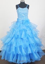Aqua Blue and Hand Made Flowers For Little Gril Pageant Dress With Beaded Decorate Bodice  Pageant Dresses