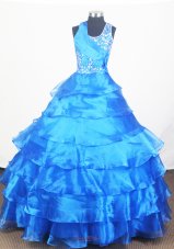 Blue Little Girl Pageant Dress With Ruffled Layers and Beading