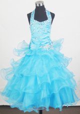 Beading Halter and Ruffled Layers Little Girl Pageant Dresses With Aqua Blue  Pageant Dresses