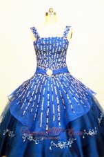 Blue Straps Neckline Flower Girl Pageant Dress With Beaded and Appliques Decorate On Organza  Pageant Dresses