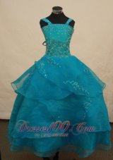 Beautiful Teal Flower Girl Pageant Dress With Appliques Decorate On Organza Straps Neckline  Pageant Dresses