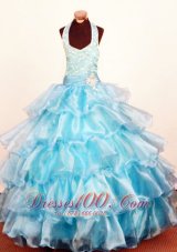 2013 Modest Baby Blue Ruffled Layeres Little Girl Pageant Dresses Halter Ball Gown Organza