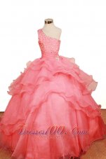 2013 Elegant Watermelon Ruffled LayeresLittle Girl Pageant Dresses One Shoulder Floor-Length