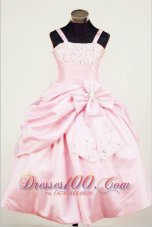 Bowknot Straps Baby Pink Taffeta Beading Little Girl Pageant Dresses For Custom Made  Pageant Dresses