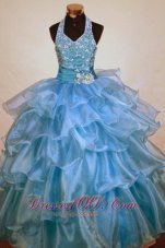 Beaded Decorate Shoulder Halter Top Light Blue Organza Beading Little Girl Pageant Dresses  Pageant Dresses
