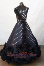 Hand Made Flowers Scoop Floor-length Black Satin Beading Little Girl Pageant Dresses  Pageant Dresses