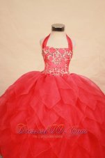 Beading Modest Halter Ball gown Floor-length Red Little Girl Pageant Dresses  Pageant Dresses