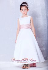 Cheap Simple White and Pink A-line Scoop Sash Flower Girl Dress Ankle-length Taffeta
