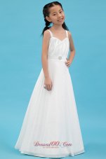 Cheap White A-line Straps Flower Girl Dress Taffeta Ruch and Hand Made Flowers Floor-length