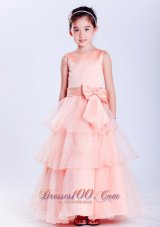 Pretty Customize Watermelon Red A-line Scoop Bow Flower Girl Dress Ankle-length Taffeta and Organza