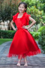 Pretty Red A-line Square Ankle-length Flower Girl Dress Satin and Tulle