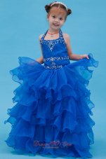 Pretty Blue Ball Gown Halter Floor-length Flower Girl Dress Organza Appliques