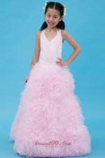 Pretty Baby Pink A-line Halter Flower Girl Dress Tulle Beading Floor-length