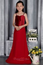 Pretty Wine Red Column Straps Brush Train Satin Beading and Ruch Flower Girl Dress