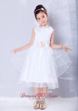 Sweet White A-line Scoop Hand Made Flowers Flower Girl DressTea-length Organza