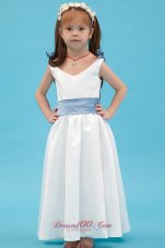 White A-line V-neck Ankle-length Taffeta Belt Flower Girl Dress