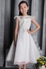 White A-line / Princess Bateau Tea-length Tulle Lace Flower Girl Dress