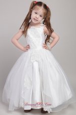 White A-line Straps Ankle-length Taffeta and Organza Appliques Flower Girl Dress