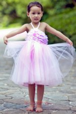 Pink A-line Halter Knee-length TulleHand Made Flowers Flower Girl Dress
