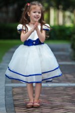 White and Blue Ball Gown Scoop Flower Girl Dress Knee-length Taffeta and Organza Bow